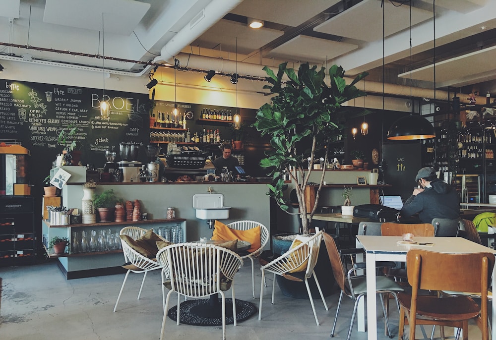 Cozy cafe interior with warm lighting